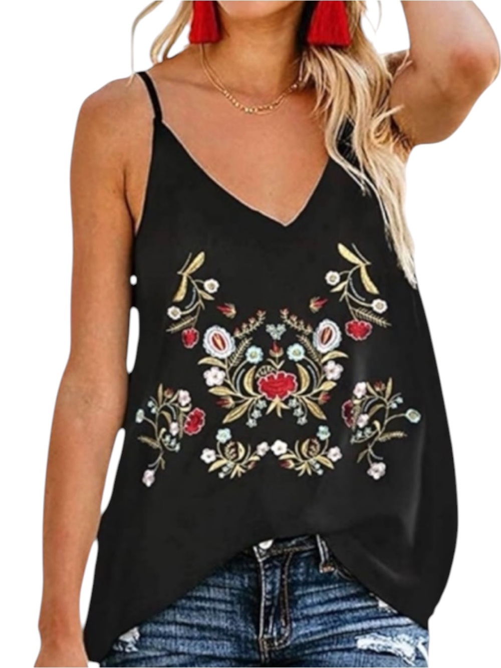 EMBROIDERED BOHO FLORAL GYPSY V NECK SPAGHETTI STRAP SLIP/CAMI NWTS!